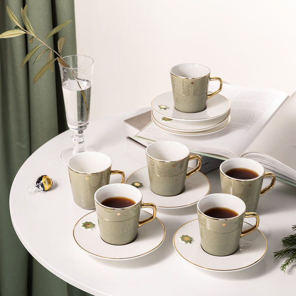 Porcelain Tea Set 12 Pcs From Asalah - Olive + Gold