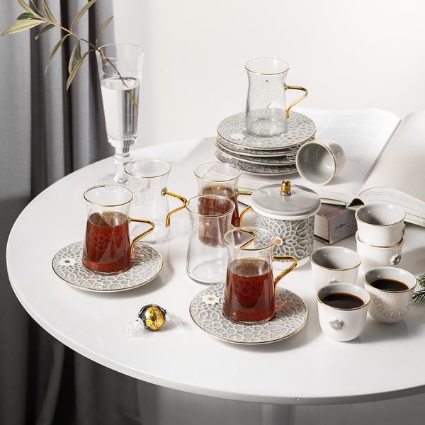 Tea And Arabic Coffee Set 19 pcs From Asalah- Grey + Gold