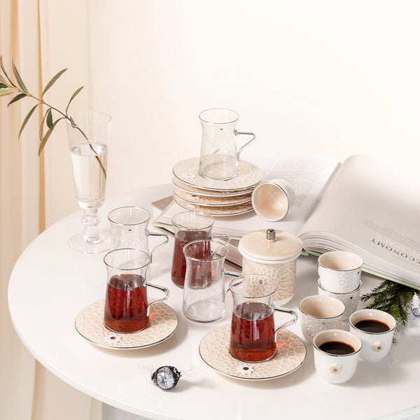 Tea And Arabic Coffee Set 19 pcs From Asalah - Creamy + Silver