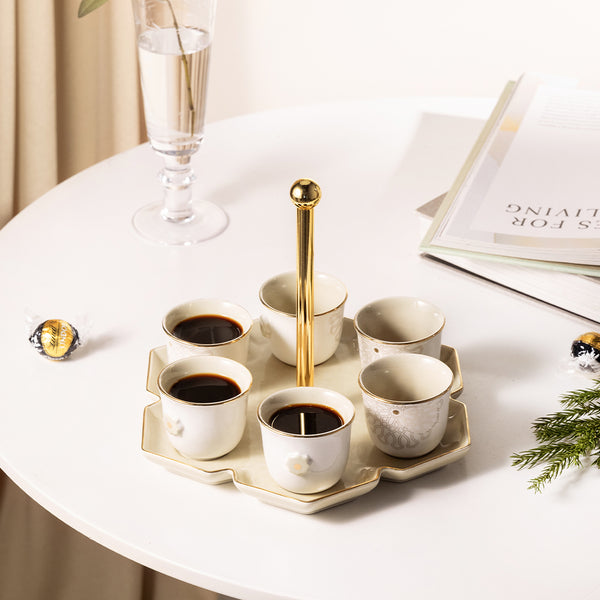 Luxury Arabic Coffee Set With Stand From Asalah - Beige + Gold