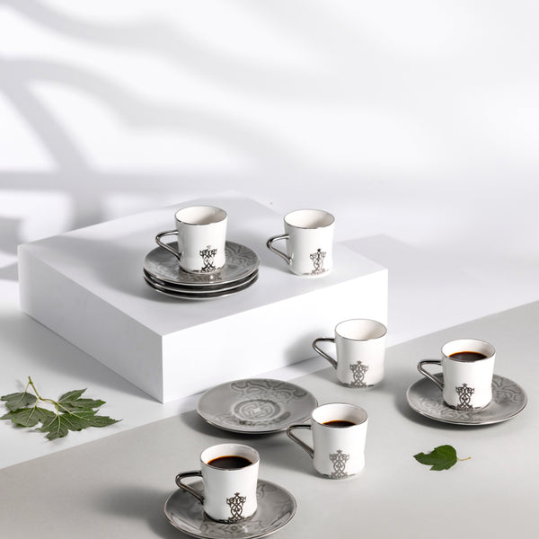 Porcelain Turkish Coffee Set 12 Pcs From Naqsh- Grey + Silver