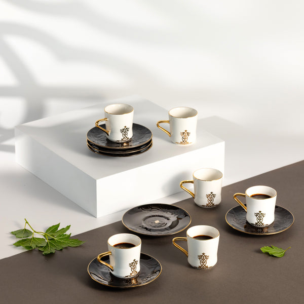 Porcelain Turkish Coffee Set 12 Pcs From Naqsh- Black + Gold