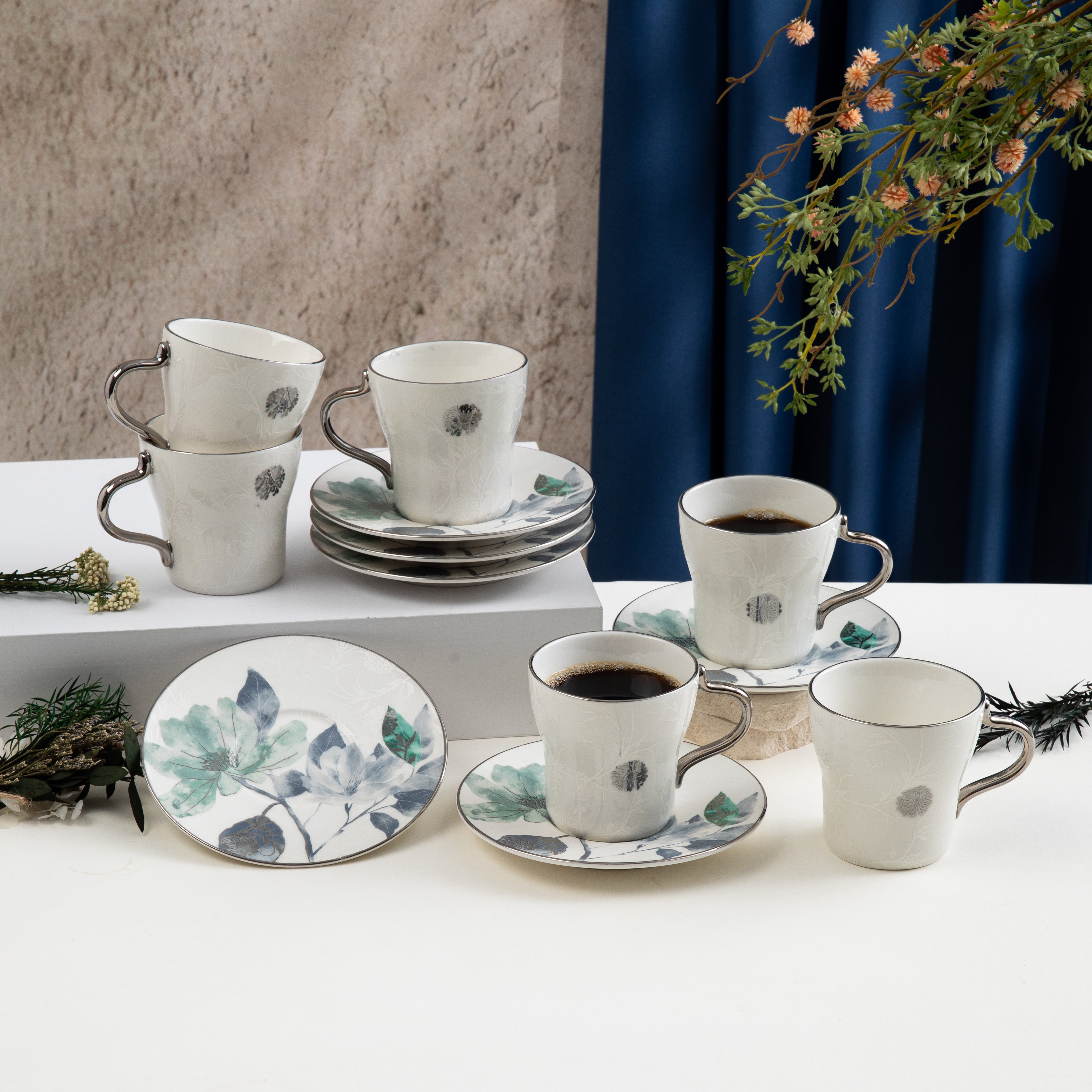 Porcelain Tea Set 12 Pcs From Marisella - Grey + Silver – Otantik UAE