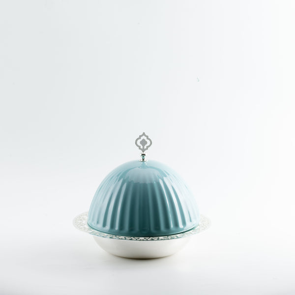 iron serving plate with porcelain cover -blue