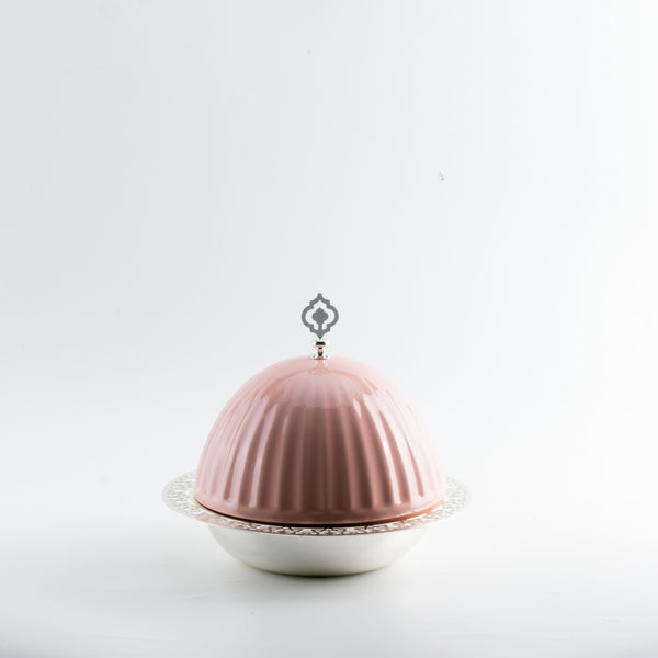 iron serving plate with porcelain cover -pink