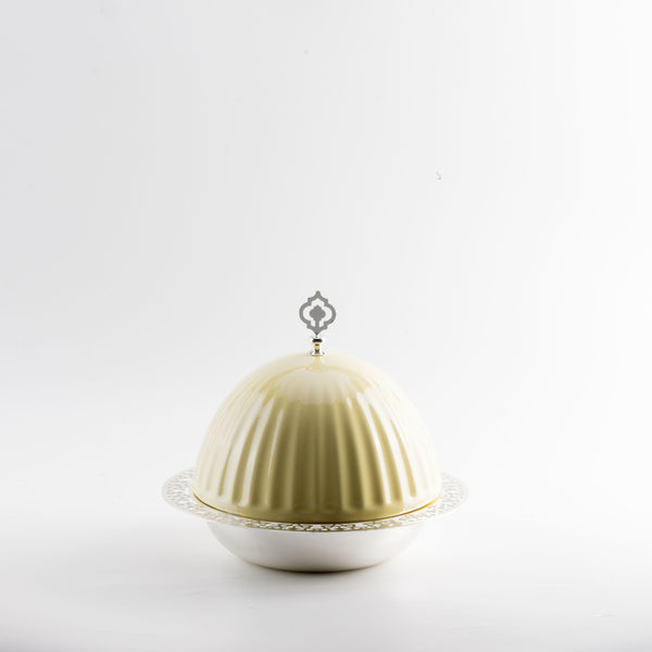 iron serving plate with porcelain cover -yellow