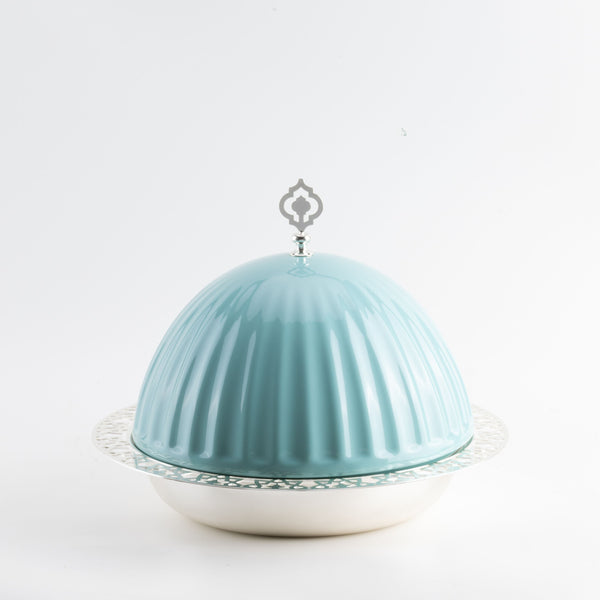 iron serving plate with porcelain cover - blue