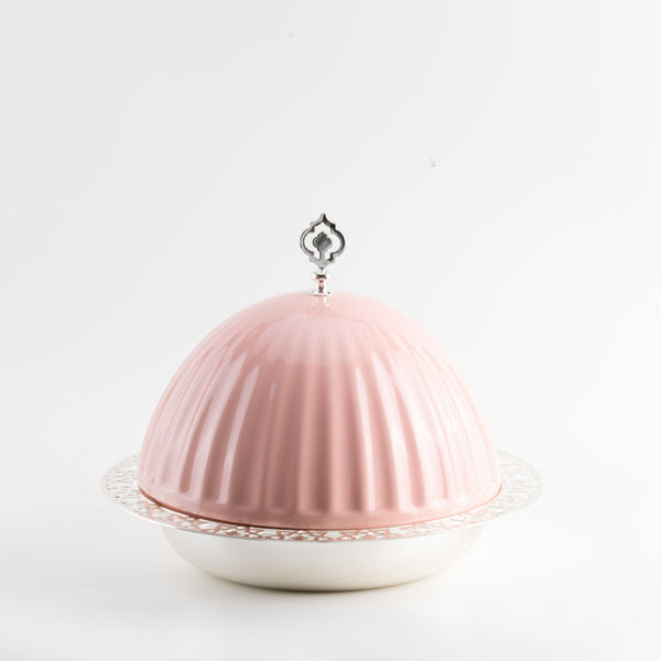 iron serving plate with porcelain cover - pink