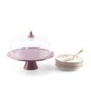 8pcs cake set ( 1big plate w foot n cover  6 small plate 1 ss cake server) - purple+gold   